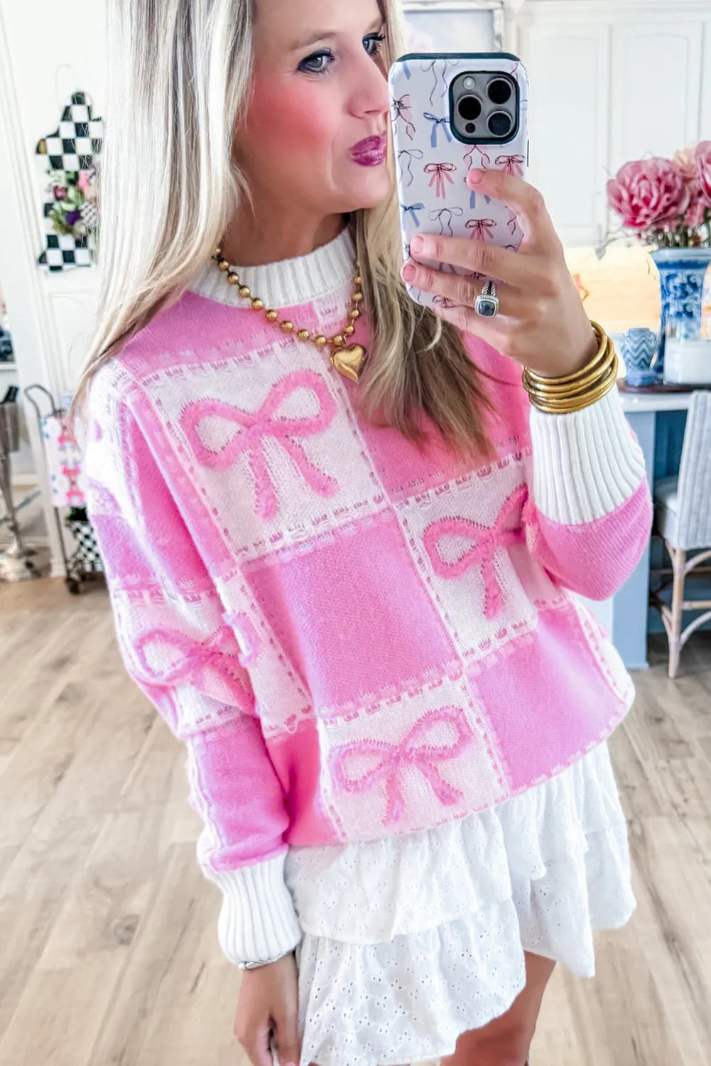 KaleaBoutique Bow Knot Two Tone Checkered Crew Neck Sweater