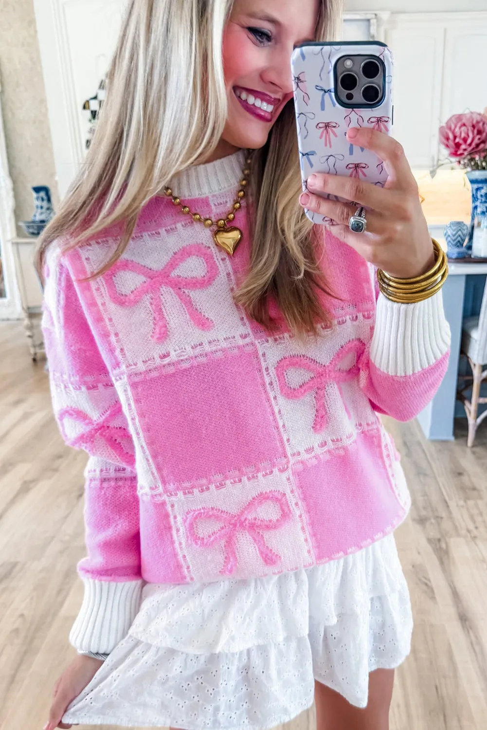 KaleaBoutique Bow Knot Two Tone Checkered Crew Neck Sweater