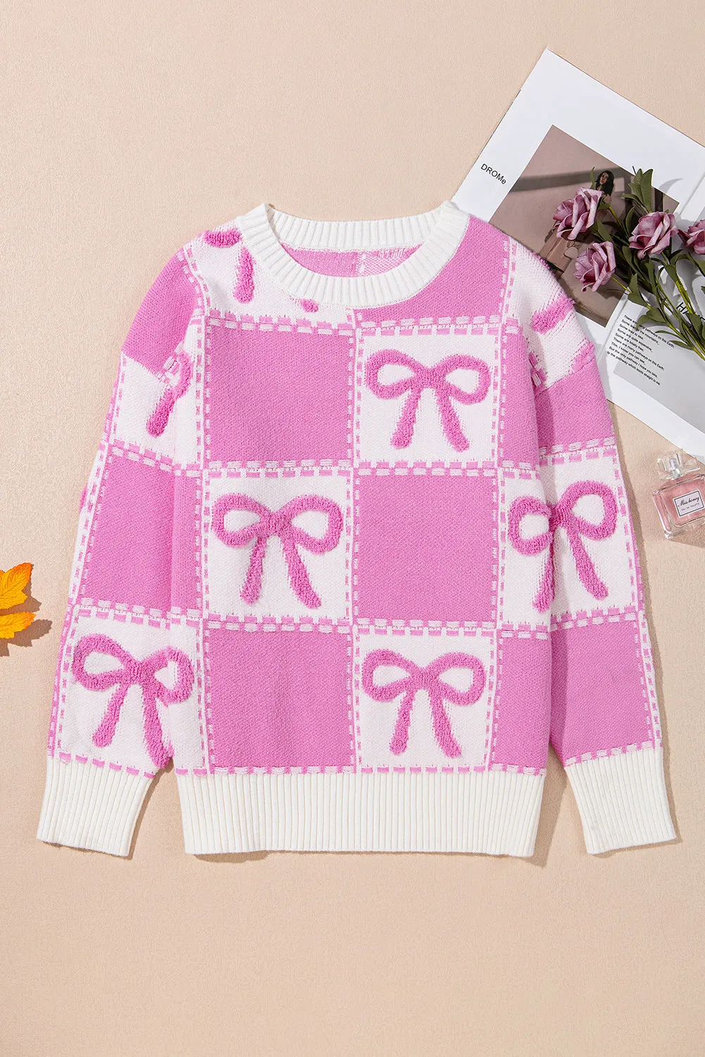 KaleaBoutique Bow Knot Two Tone Checkered Crew Neck Sweater