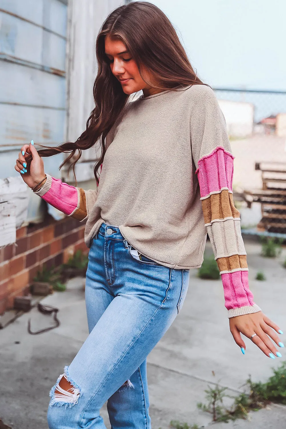 KaleaBoutique Colorblock Exposed Seam Round Neck Sweater