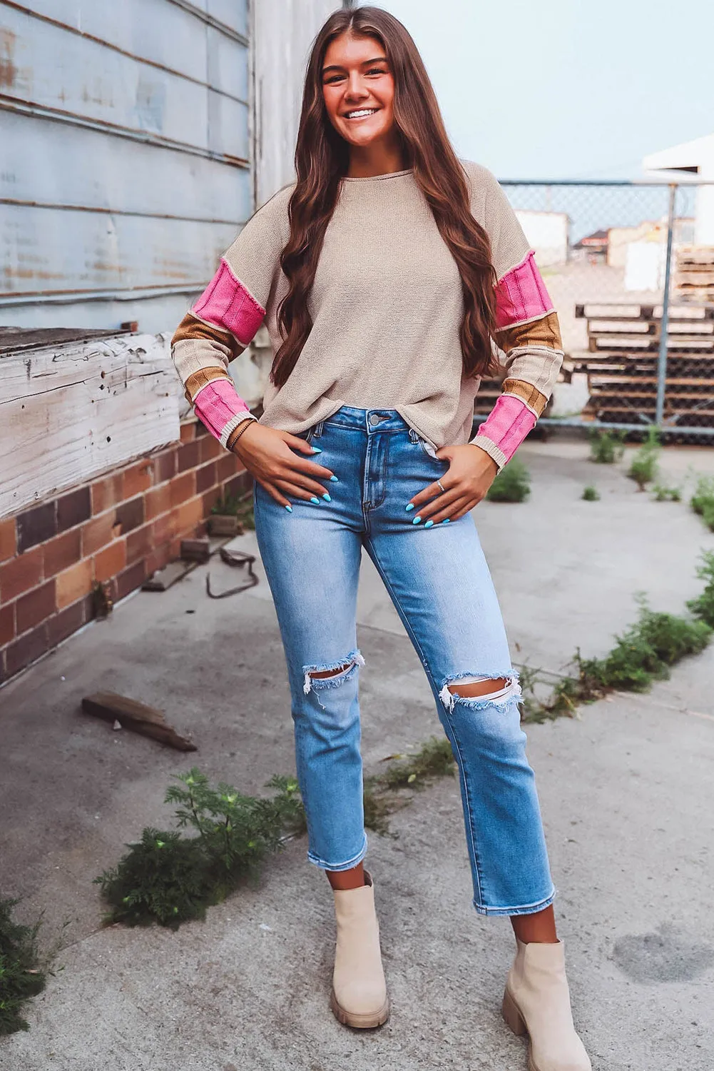 KaleaBoutique Colorblock Exposed Seam Round Neck Sweater