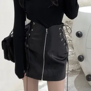 Kia - Zip Front Leather Mini Skirt