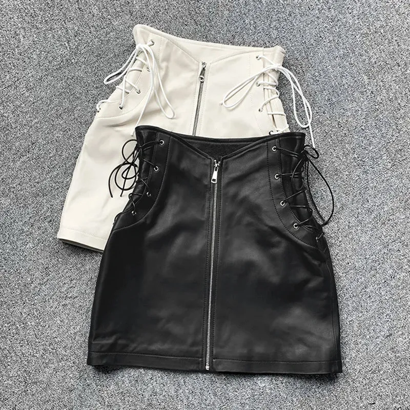 Kia - Zip Front Leather Mini Skirt