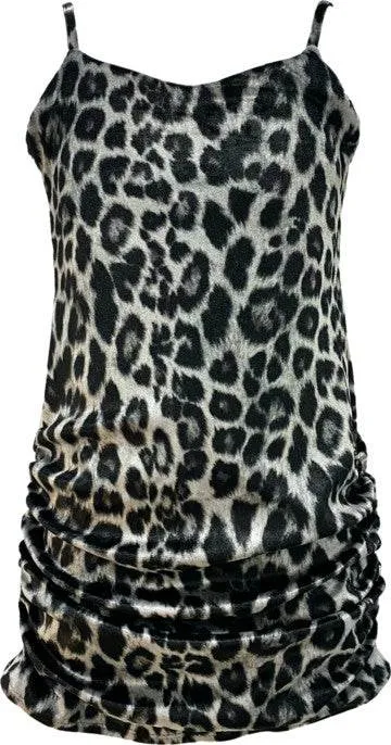 KIDS CHEETAH PRINT VELVET TANK RUCHED DRESS