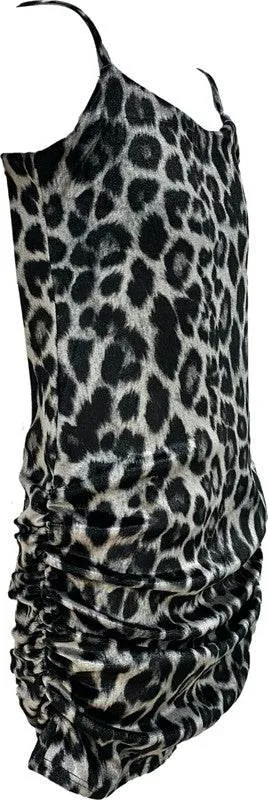 KIDS CHEETAH PRINT VELVET TANK RUCHED DRESS