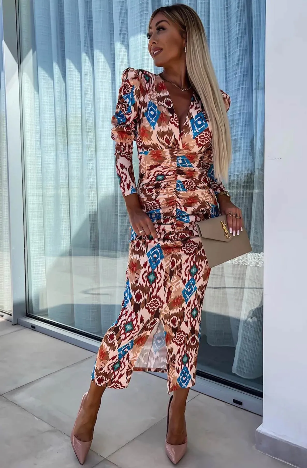 Kimberly Abstract Print Bodycon Ruched Midaxi Dress-Brown