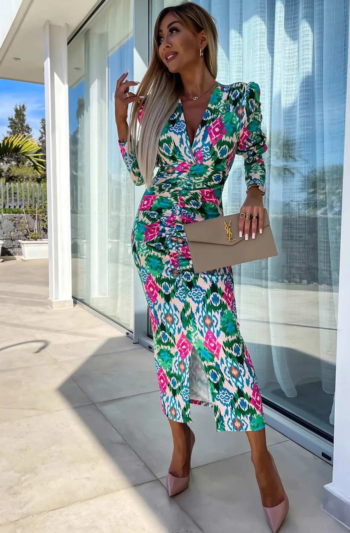 Kimberly Abstract Print Bodycon Ruched Midaxi Dress-Green