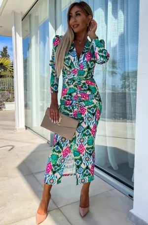 Kimberly Abstract Print Bodycon Ruched Midaxi Dress-Green