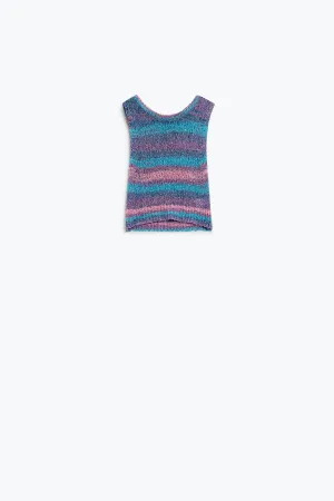 Knitted Dark Multicolor Sleeveless Sweater With Stripes and Crew Neckline