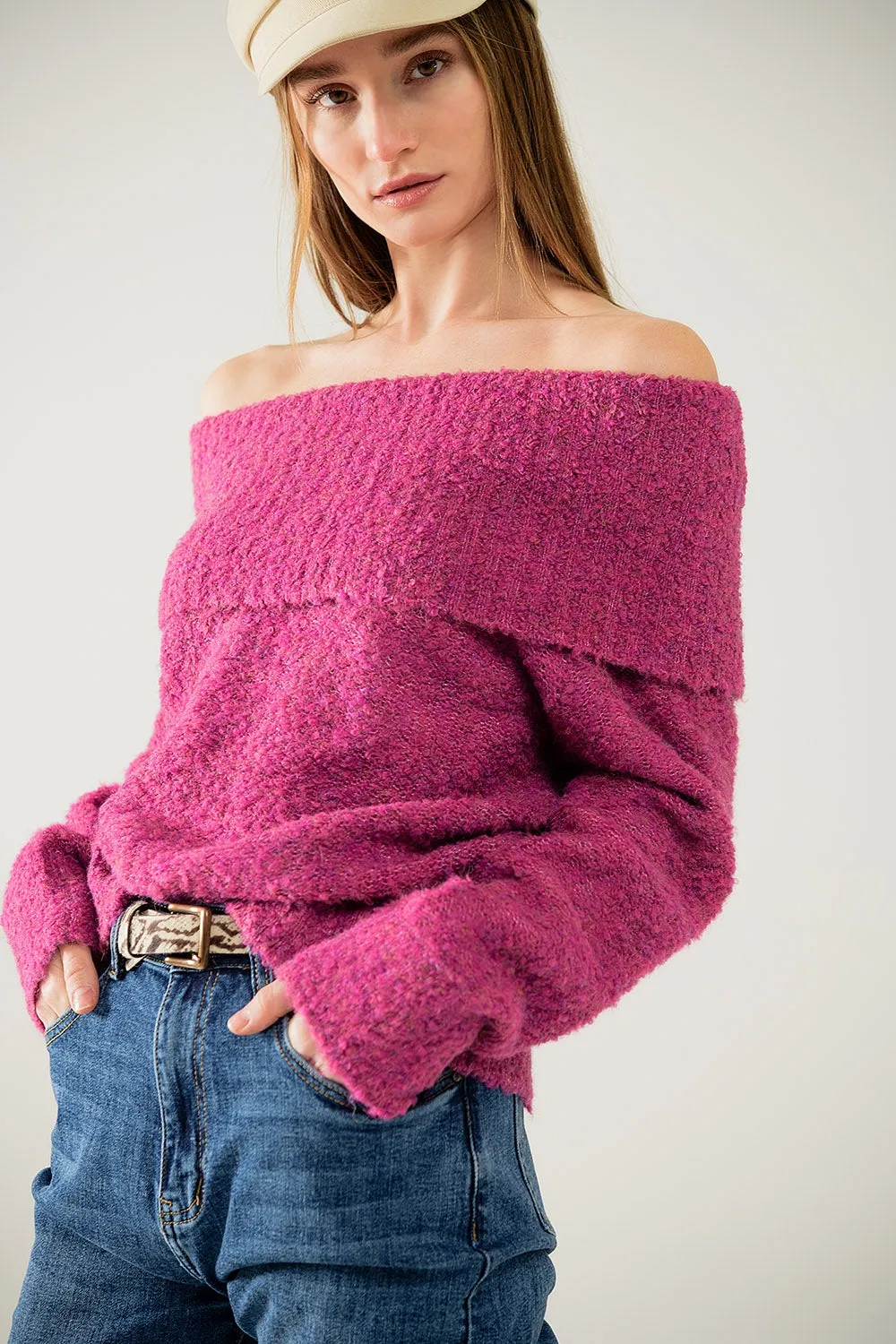knitted fluffy boat neck sweater in fucsia