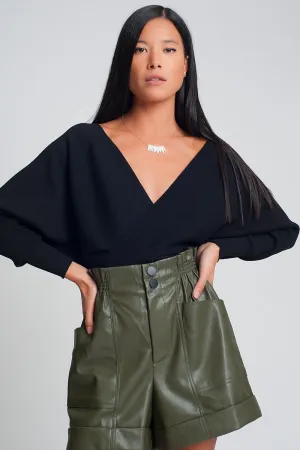 Knitted sweater with wrapped V-neck in black