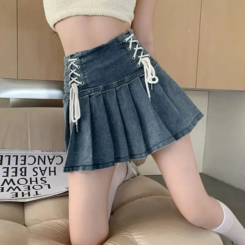 Lace-up Denim Pleated Skirts