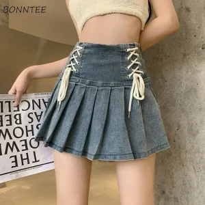 Lace-up Denim Pleated Skirts