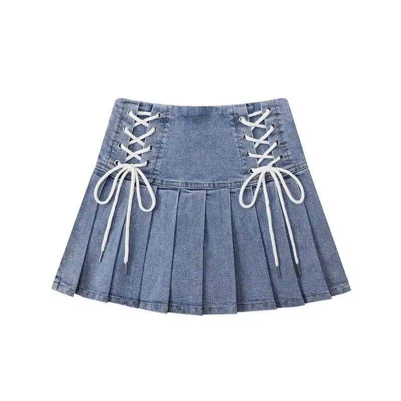 Lace-up Denim Pleated Skirts