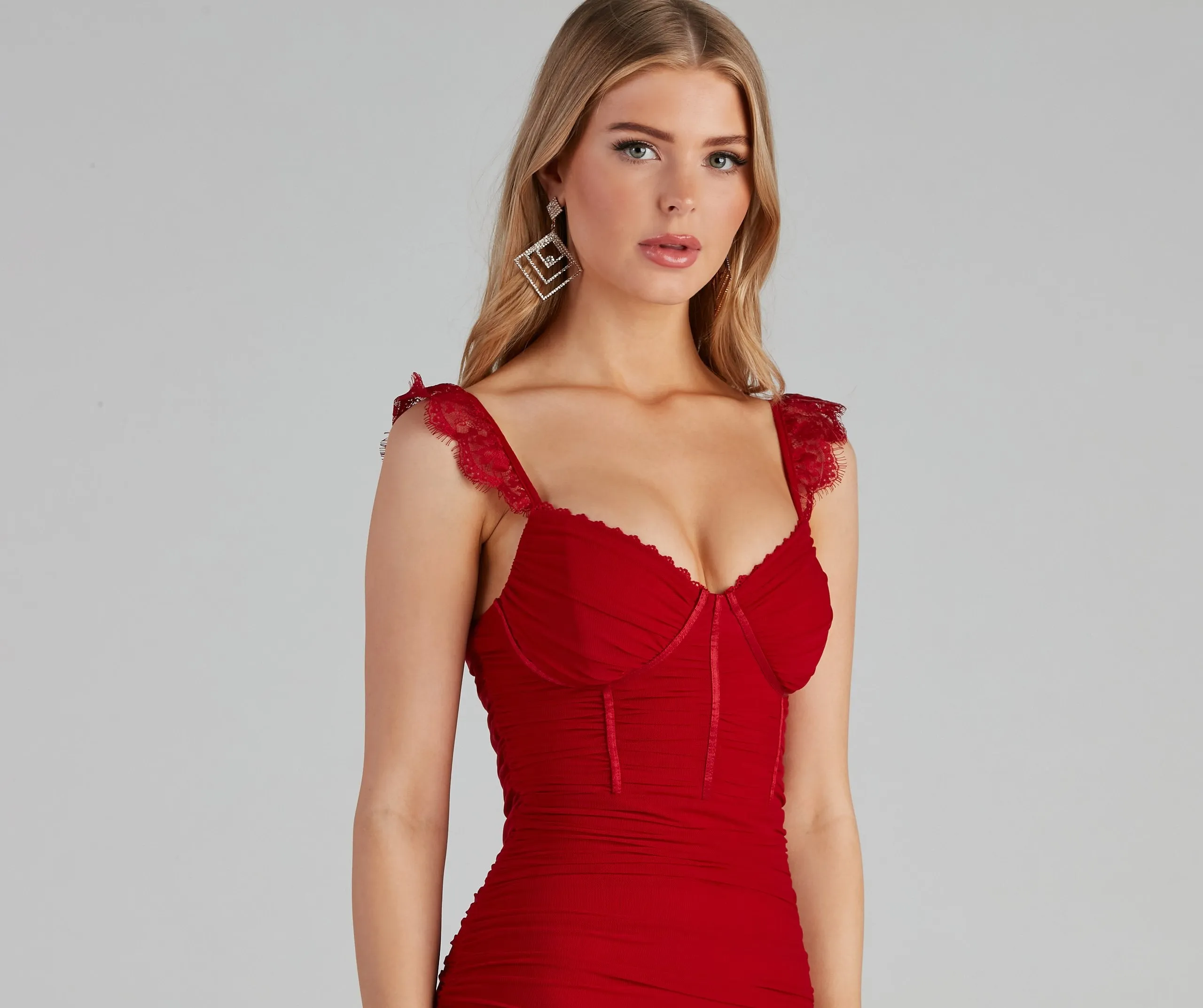 Lace Vixen Mesh Charming Ruched Mini Dress