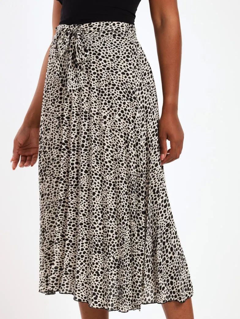 Ladies Animal Pleated Midi Skirt - Cream