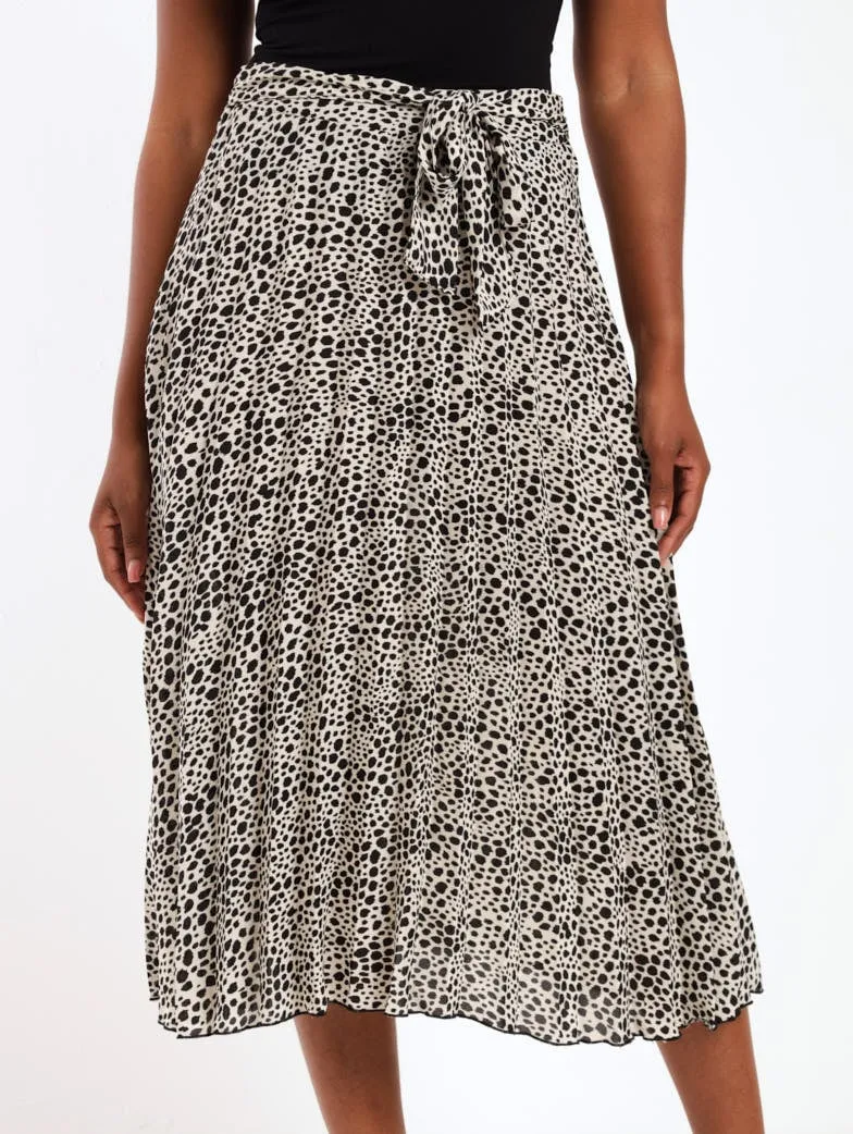 Ladies Animal Pleated Midi Skirt - Cream