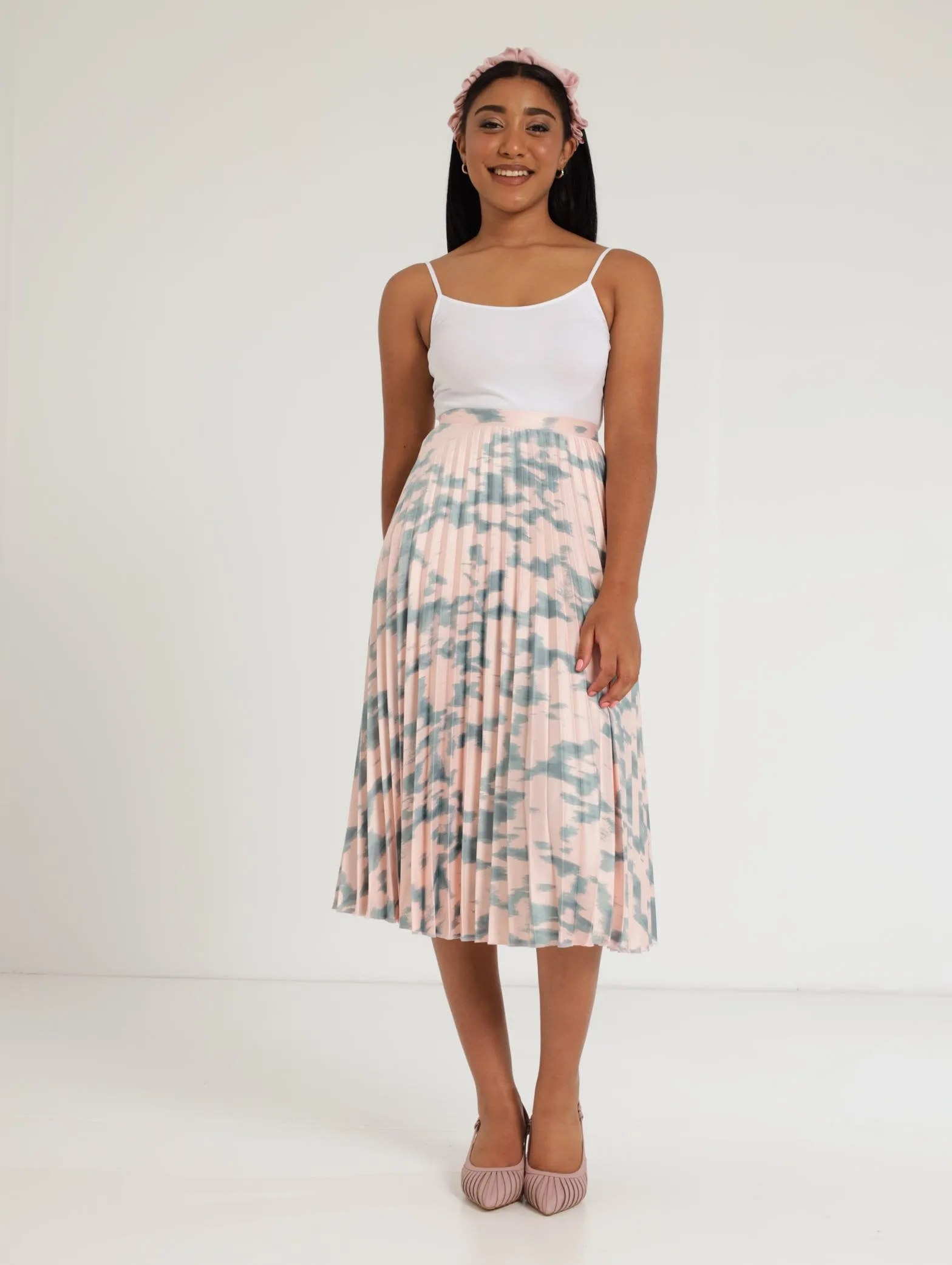 Ladies Pleated Midi Floral Skirt - Pink