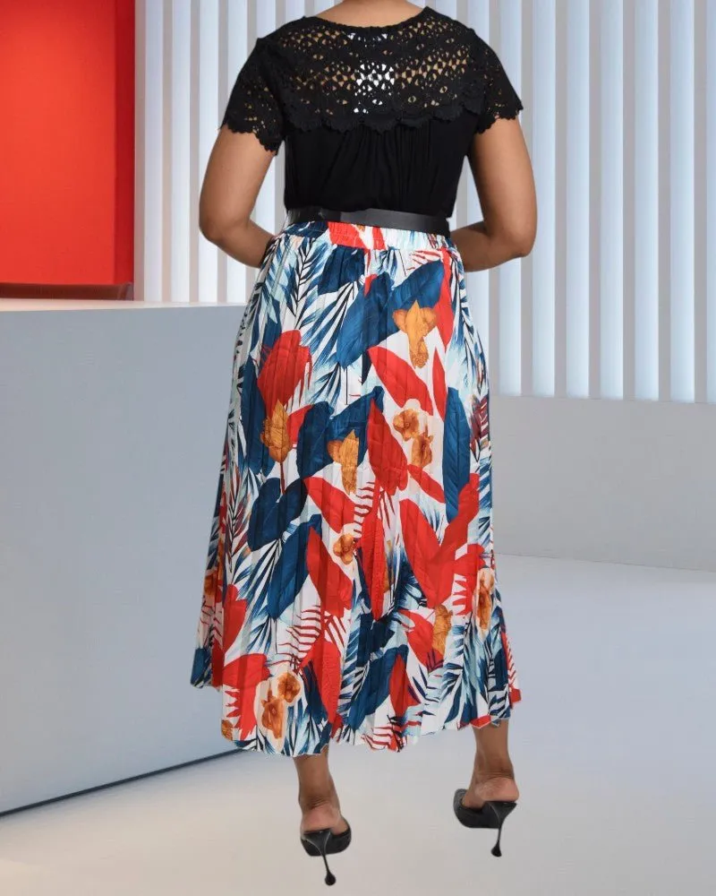 Ladies Tropical Print White Pleated Skirt