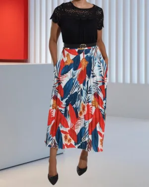 Ladies Tropical Print White Pleated Skirt