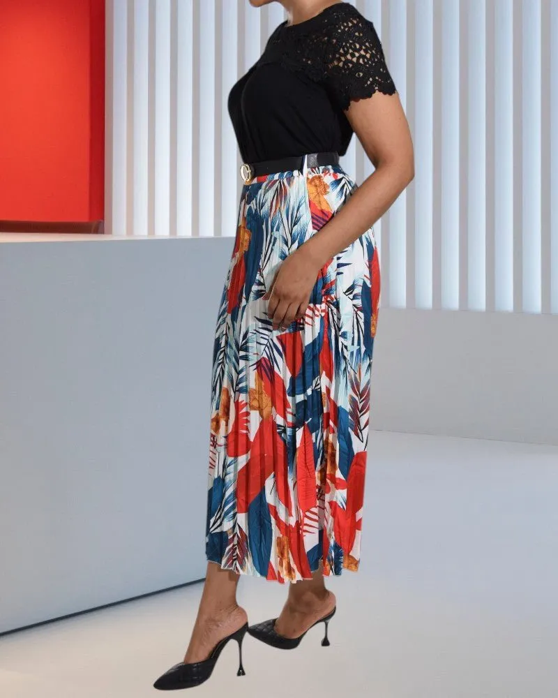 Ladies Tropical Print White Pleated Skirt