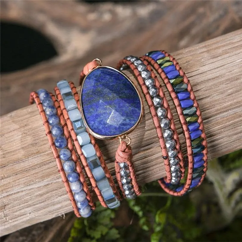 Lapis & Mixed Natural Stones Leather Wrap Bohemian Bracelet - Black Diamonds New York