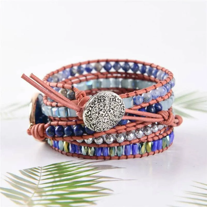 Lapis & Mixed Natural Stones Leather Wrap Bohemian Bracelet - Black Diamonds New York
