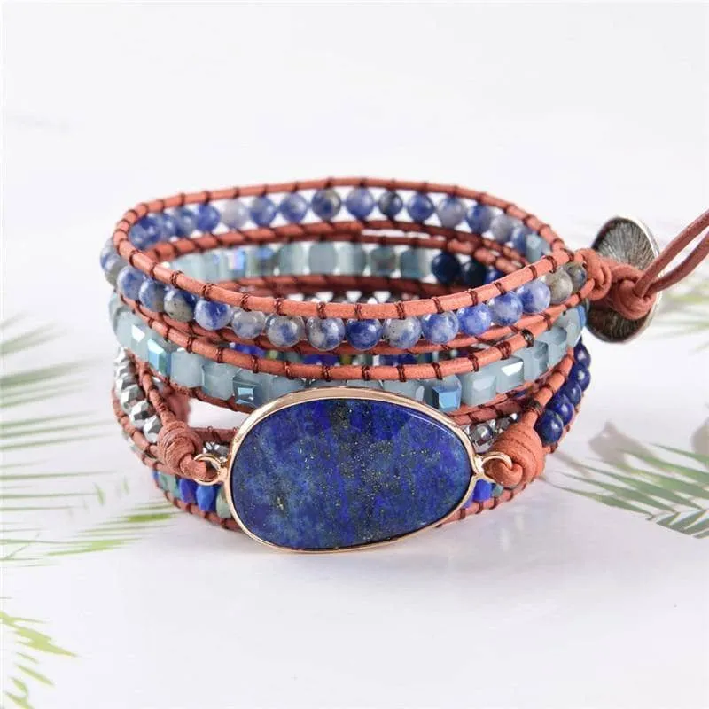 Lapis & Mixed Natural Stones Leather Wrap Bohemian Bracelet - Black Diamonds New York