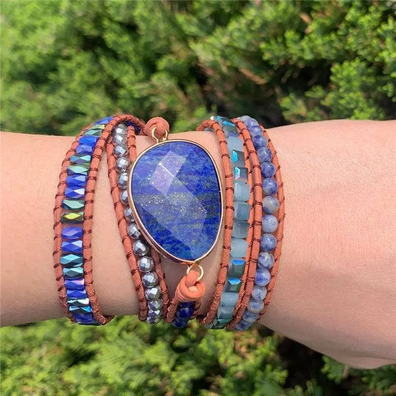 Lapis & Mixed Natural Stones Leather Wrap Bohemian Bracelet - Black Diamonds New York