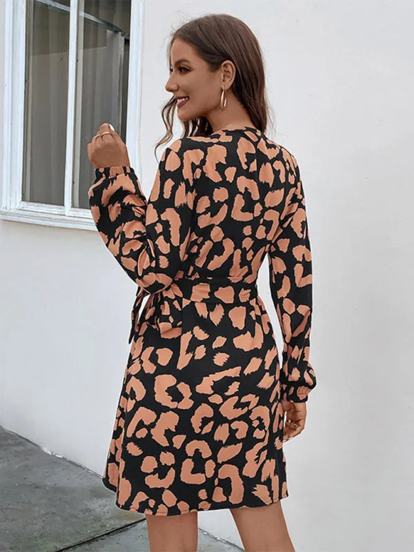 Leopard Print Mini Dress with Long Sleeves and V-Neck