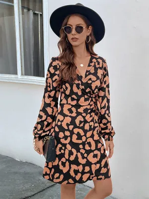Leopard Print Mini Dress with Long Sleeves and V-Neck