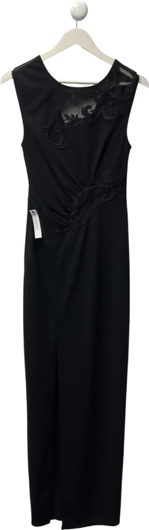lipsy london Black Lace Applique Ruched Mesh Maxi Dress UK 8