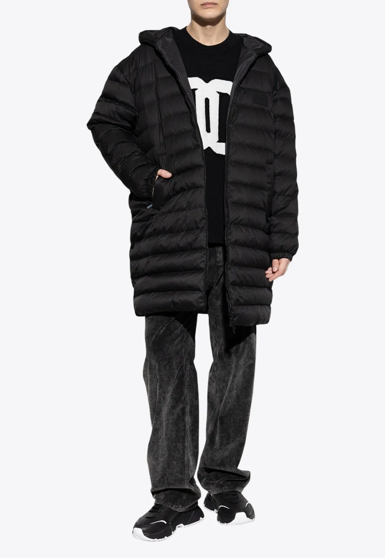 Logo Patch Hooded Long Down Jacket
