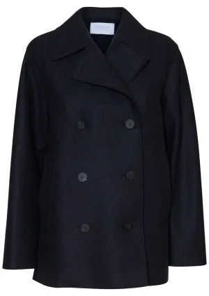 Long Peacoat Pressed Wool Polaire Navy Blue