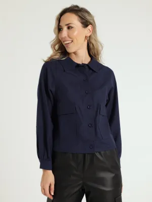 Long Sleeve Collared Casual Jacket - Peacoat