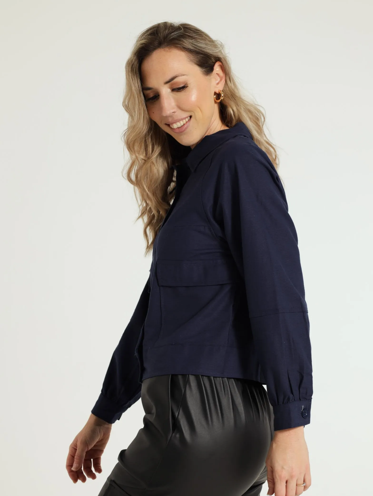 Long Sleeve Collared Casual Jacket - Peacoat