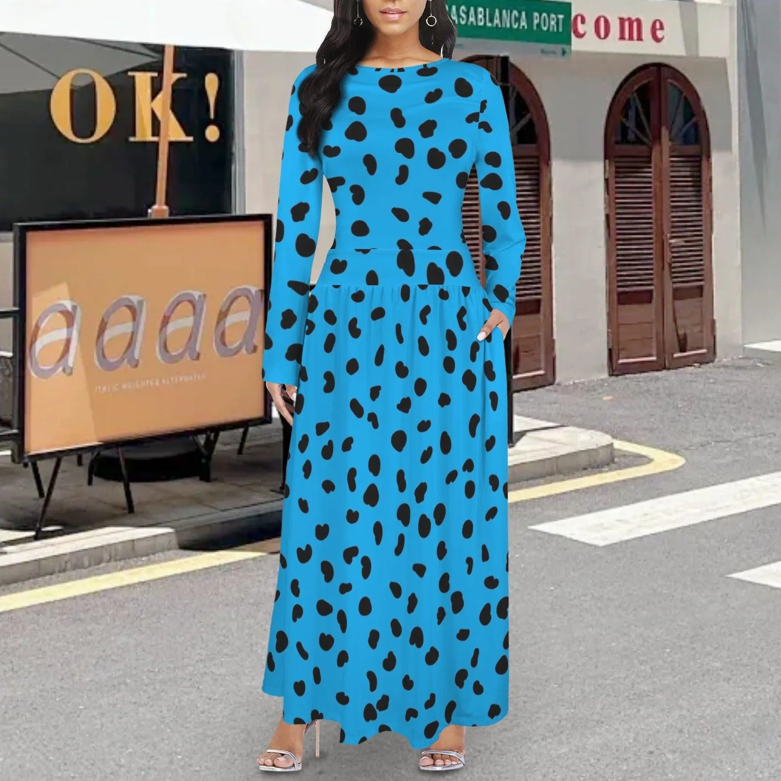 Long Sleeve Pocket Pleated Maxi Dress