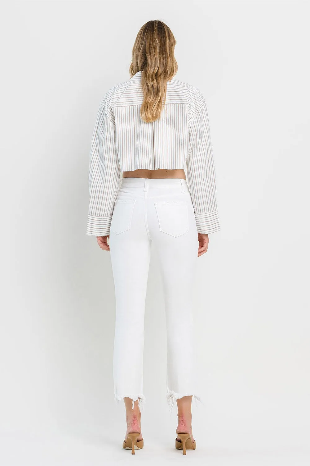Lovervet | Optic White High Rise Uneven Hem Flare Denim Jeans - Final Sale