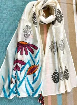 Maroon Flowers Hand Painted on Silk Cotton Scarf