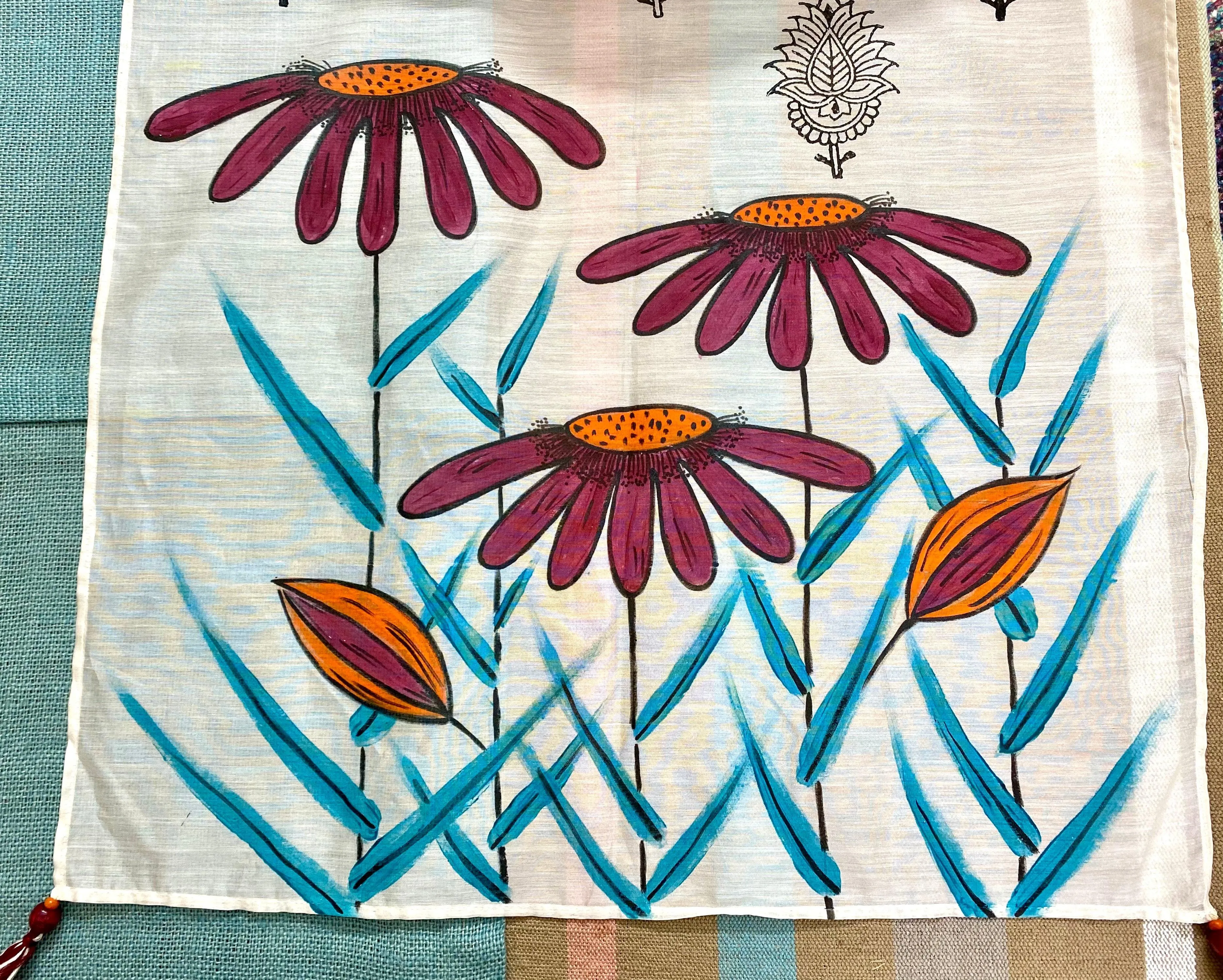 Maroon Flowers Hand Painted on Silk Cotton Scarf