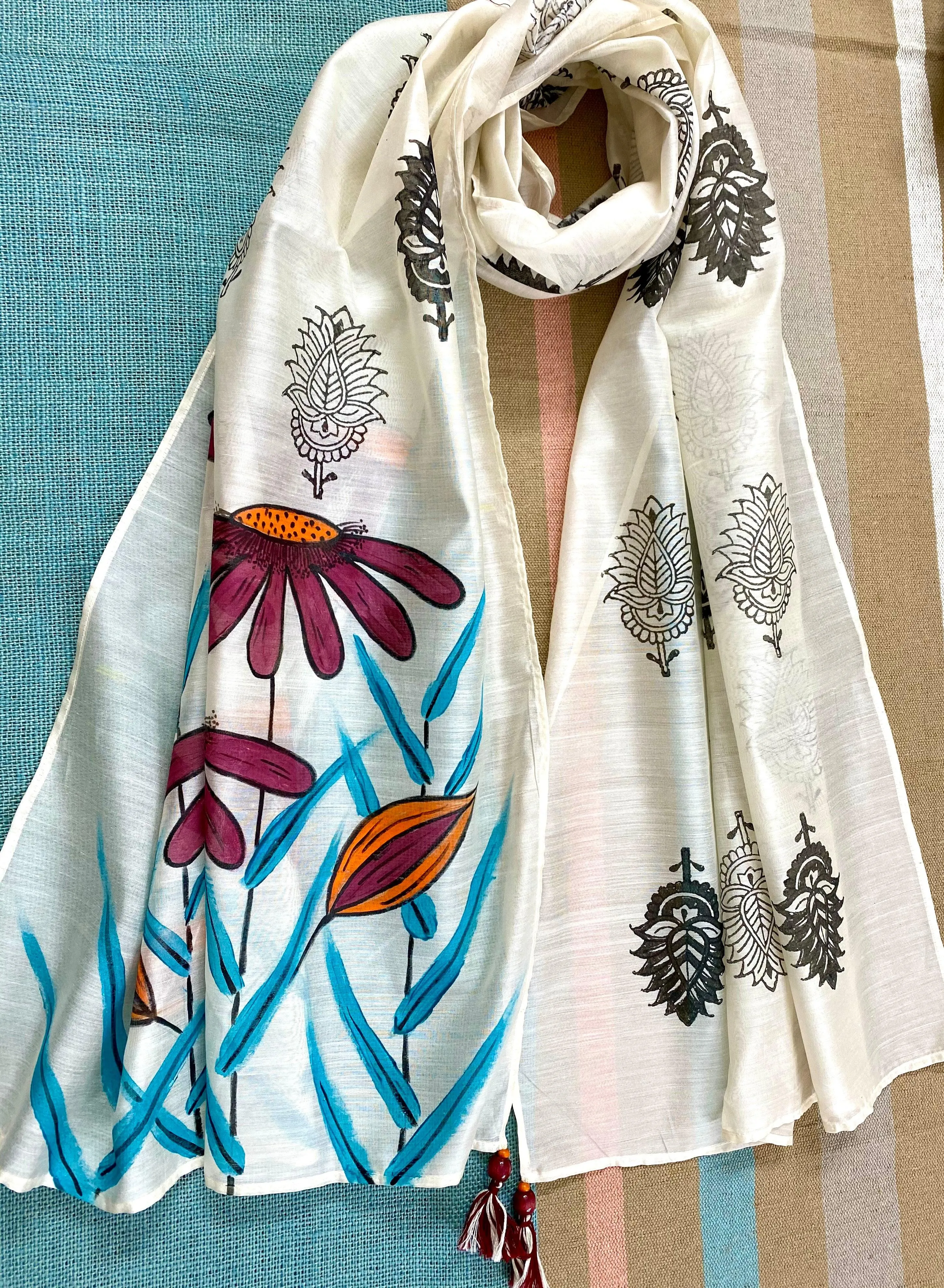 Maroon Flowers Hand Painted on Silk Cotton Scarf
