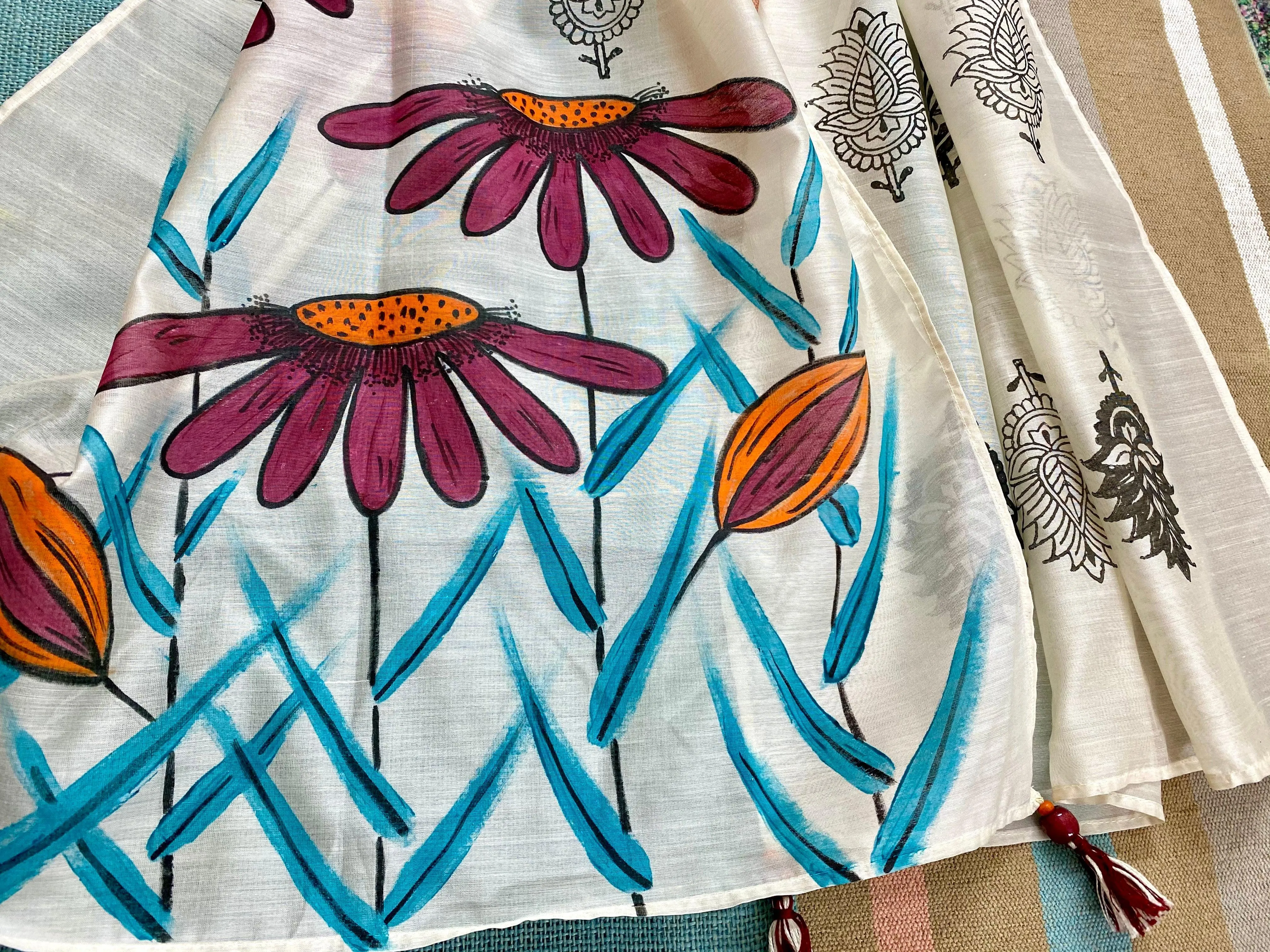 Maroon Flowers Hand Painted on Silk Cotton Scarf