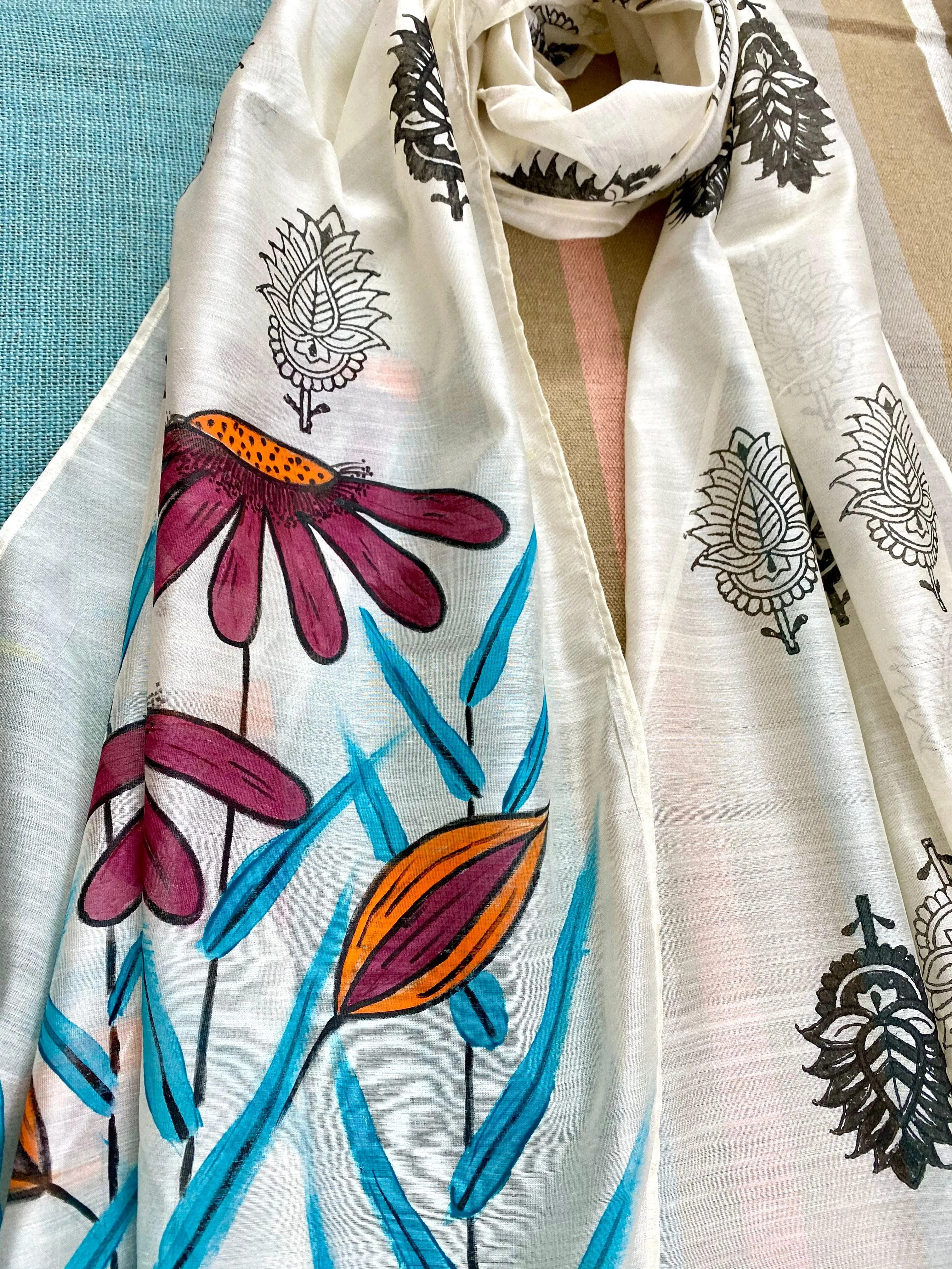 Maroon Flowers Hand Painted on Silk Cotton Scarf