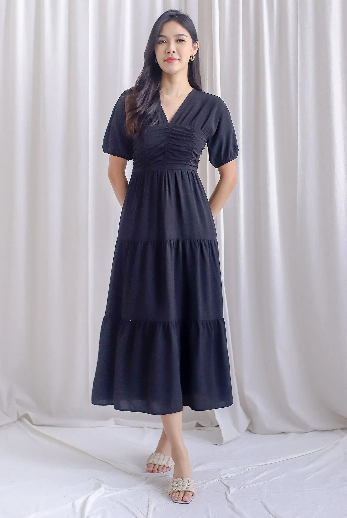Maybelle Puffy Sleeve Ruched Maxi Dress In Black