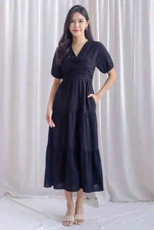 Maybelle Puffy Sleeve Ruched Maxi Dress In Black