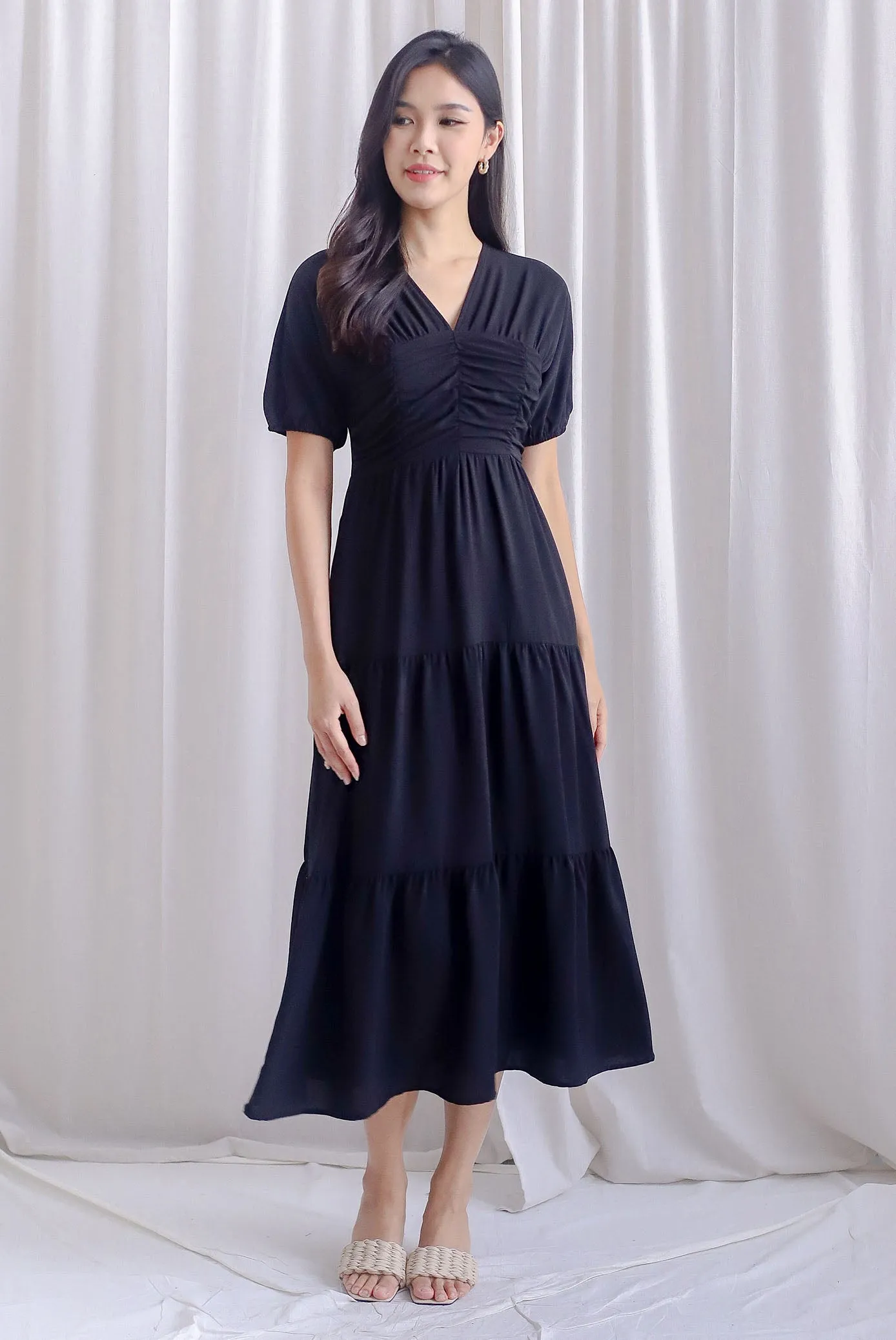 Maybelle Puffy Sleeve Ruched Maxi Dress In Black