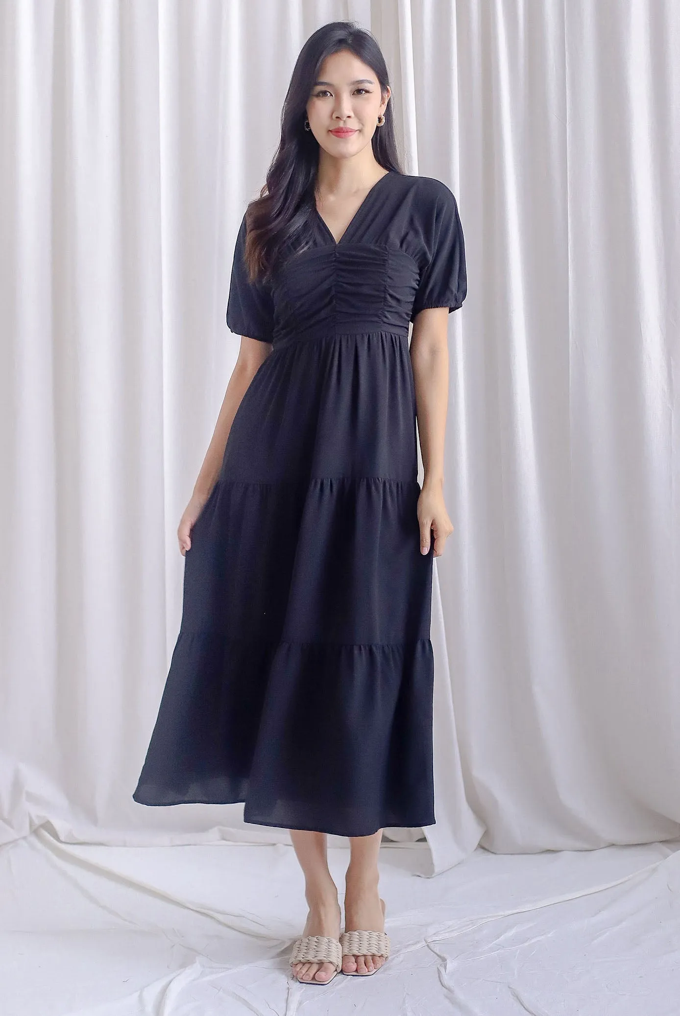 Maybelle Puffy Sleeve Ruched Maxi Dress In Black
