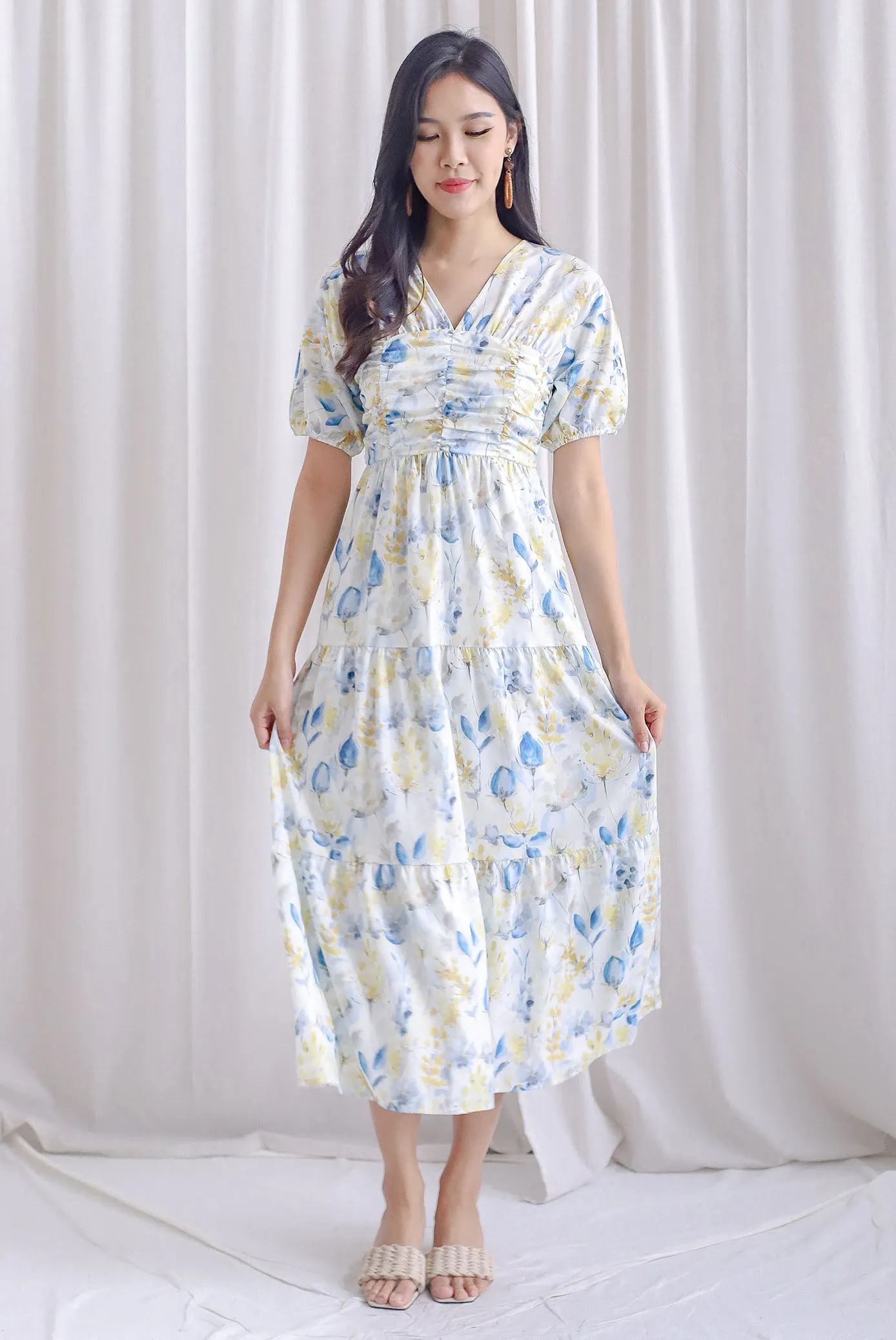 Maybelle Puffy Sleeve Ruched Maxi Dress In Floral