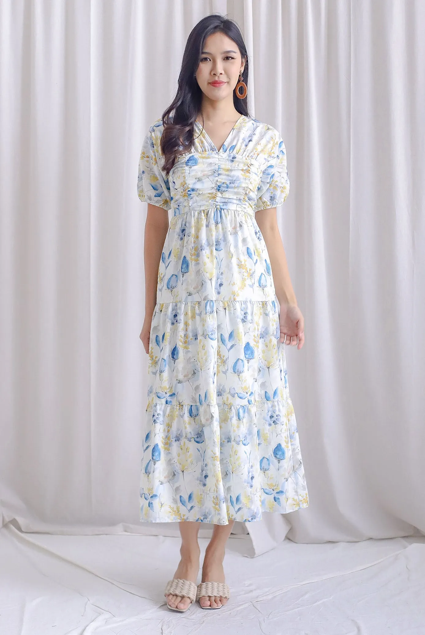 Maybelle Puffy Sleeve Ruched Maxi Dress In Floral
