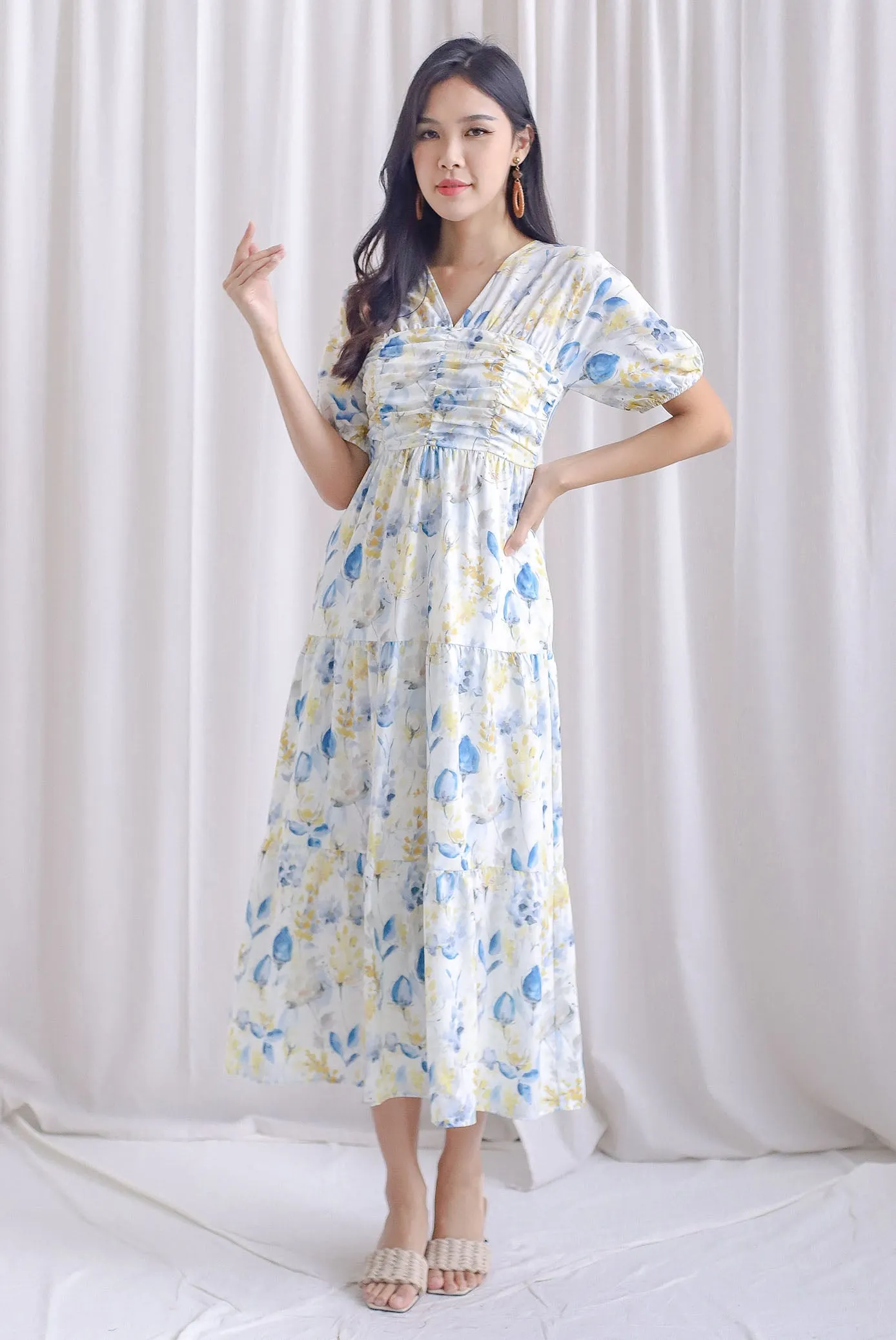 Maybelle Puffy Sleeve Ruched Maxi Dress In Floral
